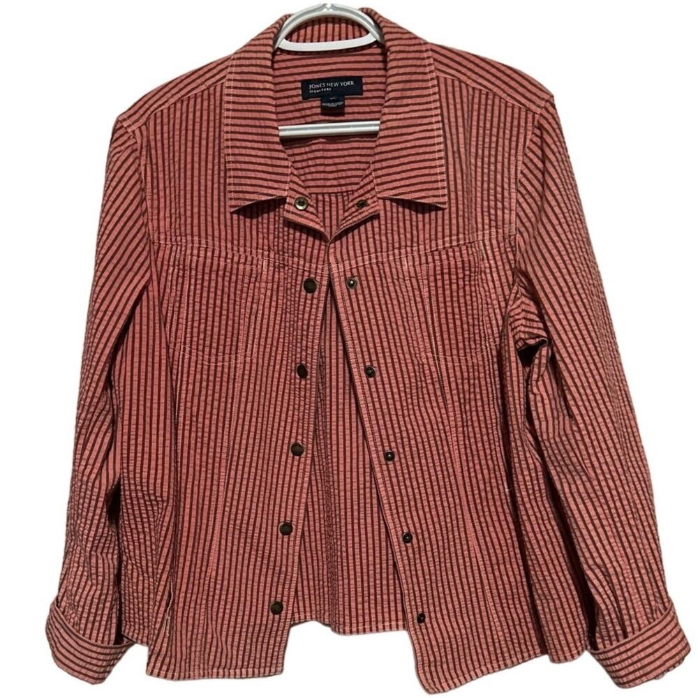 Jones New York Signature Women's Pink Brown Striped Snap Button Jacket‎ Size XL